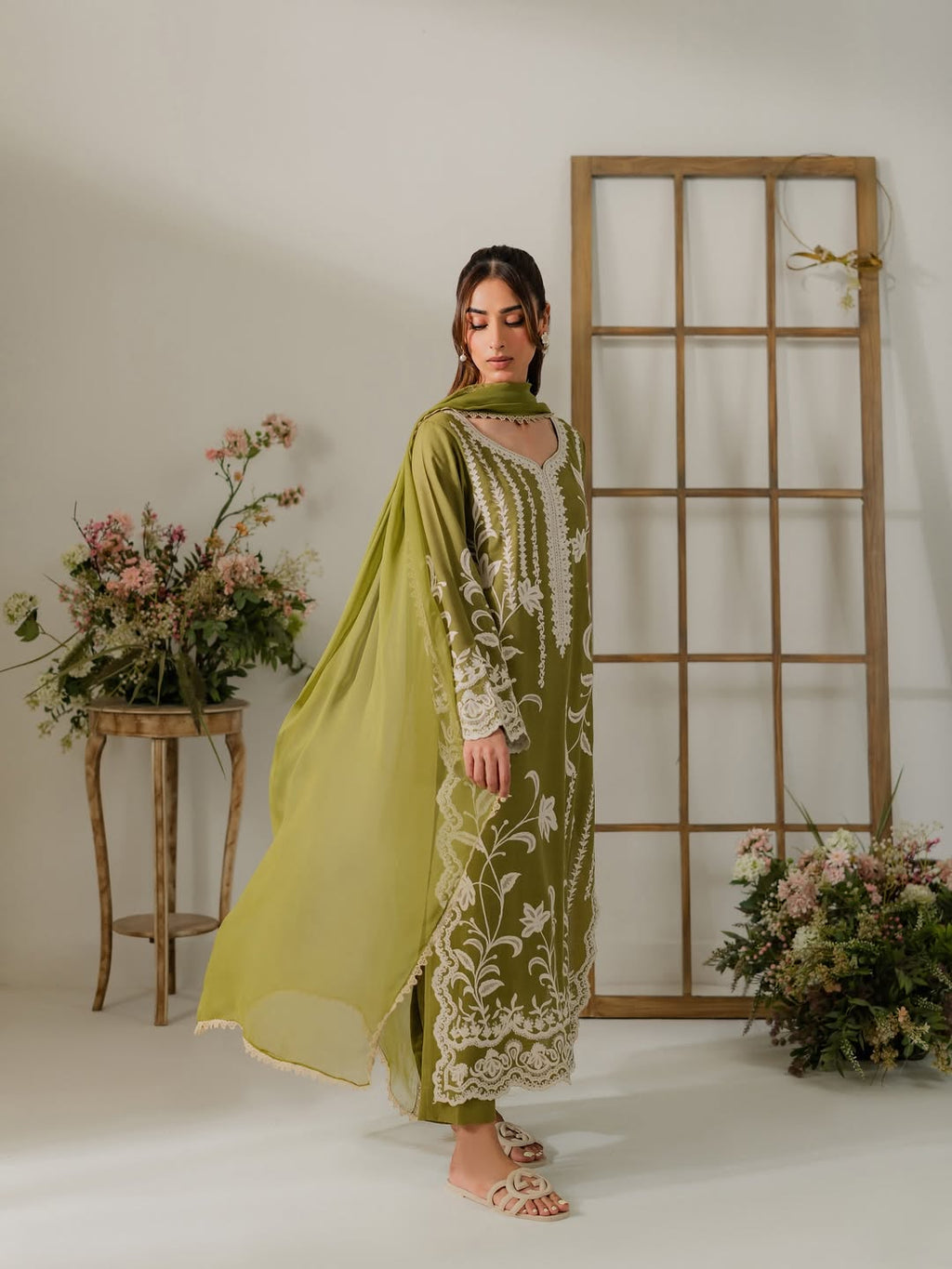 New Arrival Linen Pret | Heavy Embroidered Long Shirt with Linen Pant & Lace Chiffon Dupatta - Brilliant Boutique