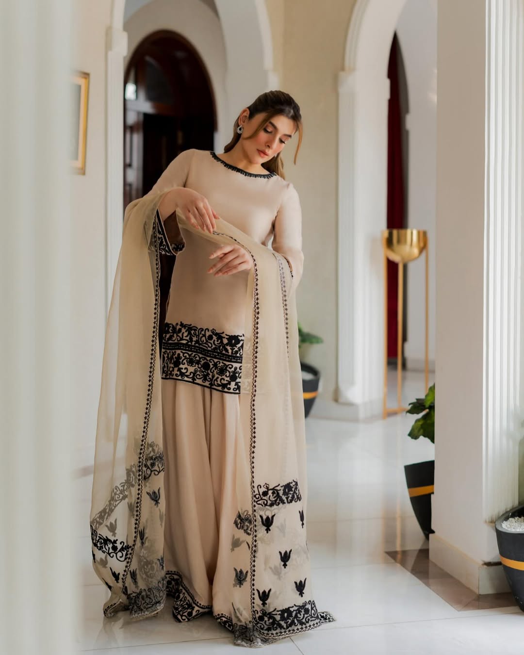 Partywear Chiffon Pret | Embroidered 3-Piece Suit with Silk Plazo - Brilliant Botique
