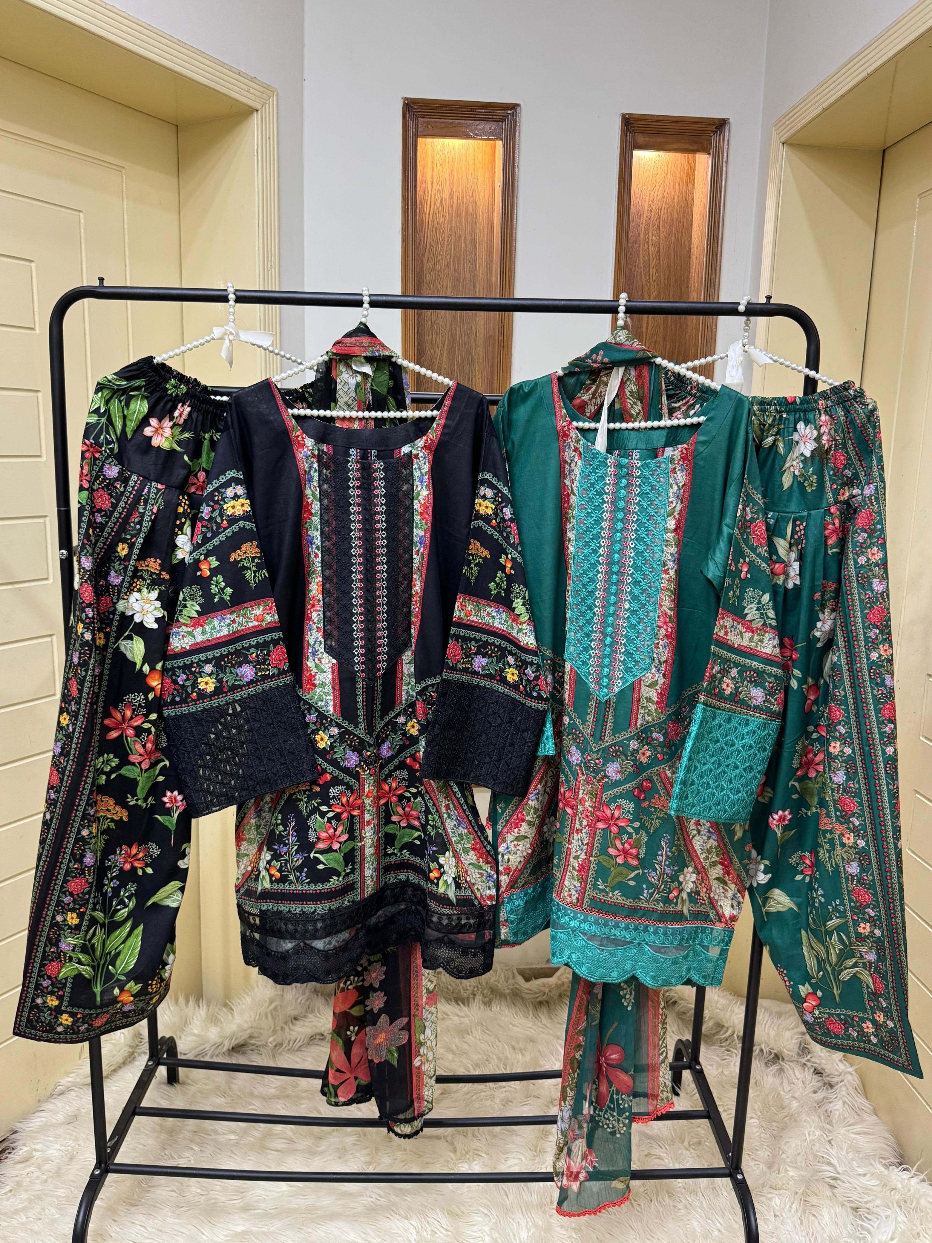 "New Lawn Pret Arrival – Sequins Embroidered Shirt with Farshi Shalwar & Chiffon Dupatta | Ready to Dispatch"