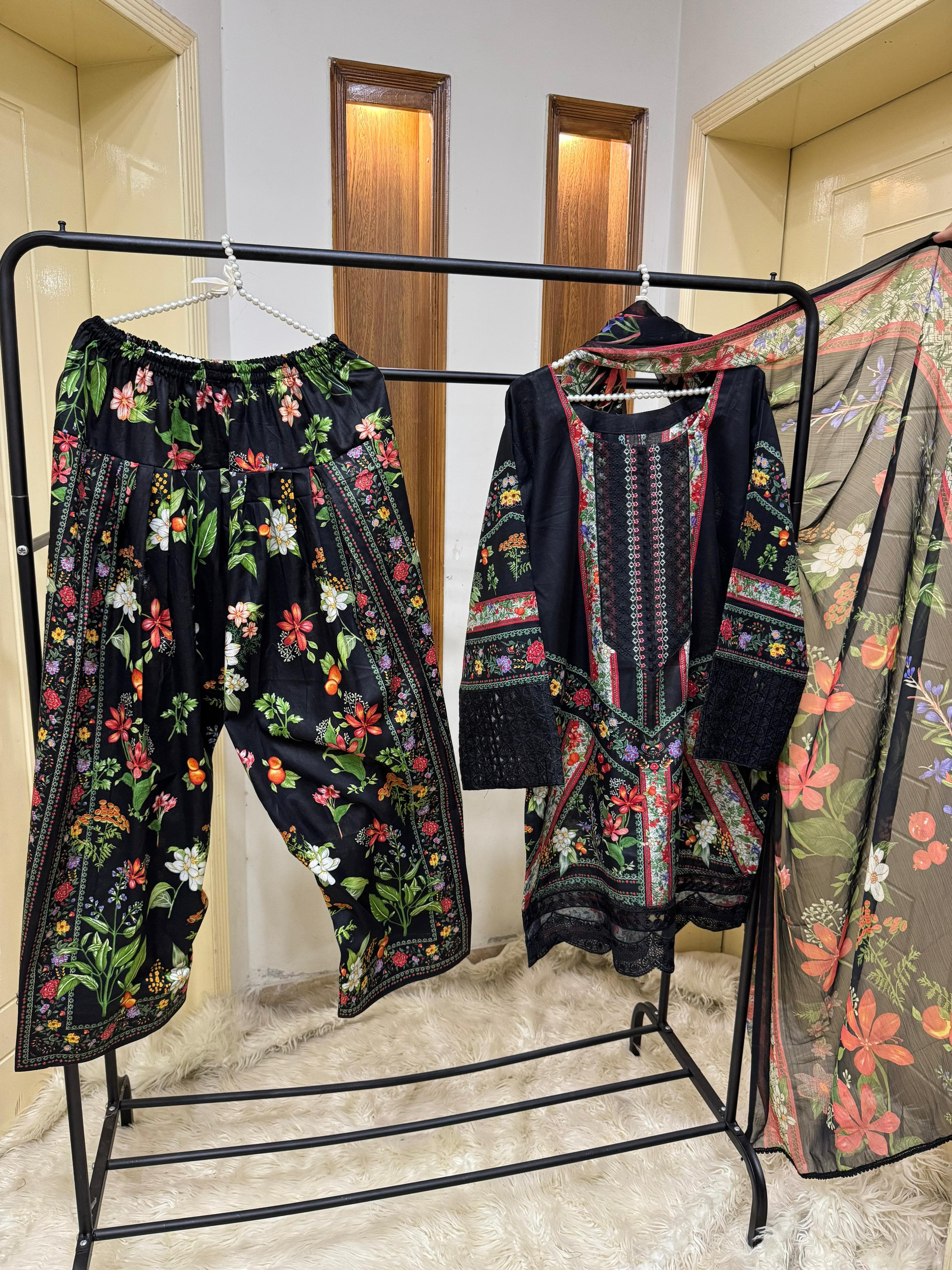 "New Lawn Pret Arrival – Sequins Embroidered Shirt with Farshi Shalwar & Chiffon Dupatta | Ready to Dispatch"