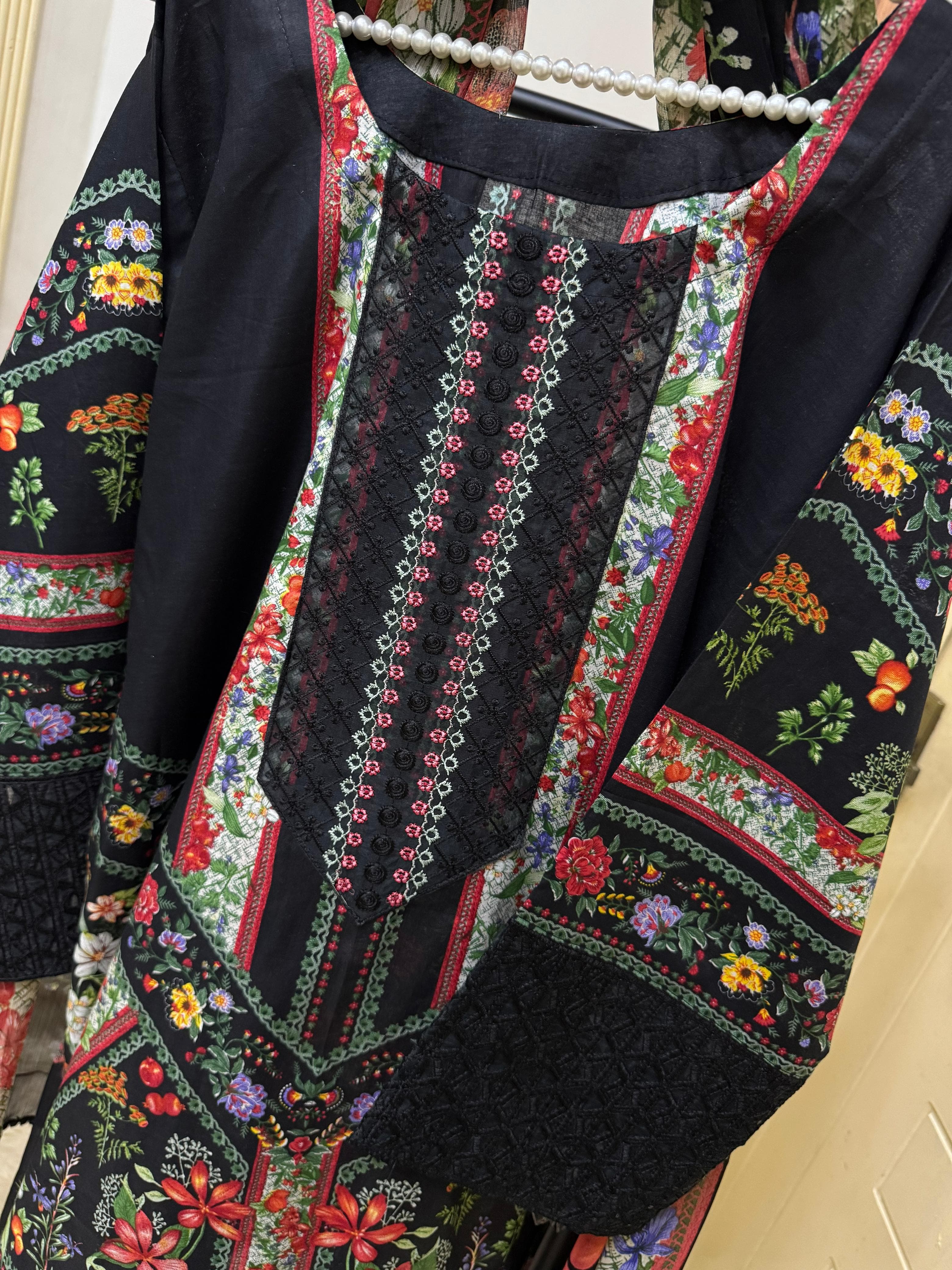 "New Lawn Pret Arrival – Sequins Embroidered Shirt with Farshi Shalwar & Chiffon Dupatta | Ready to Dispatch"