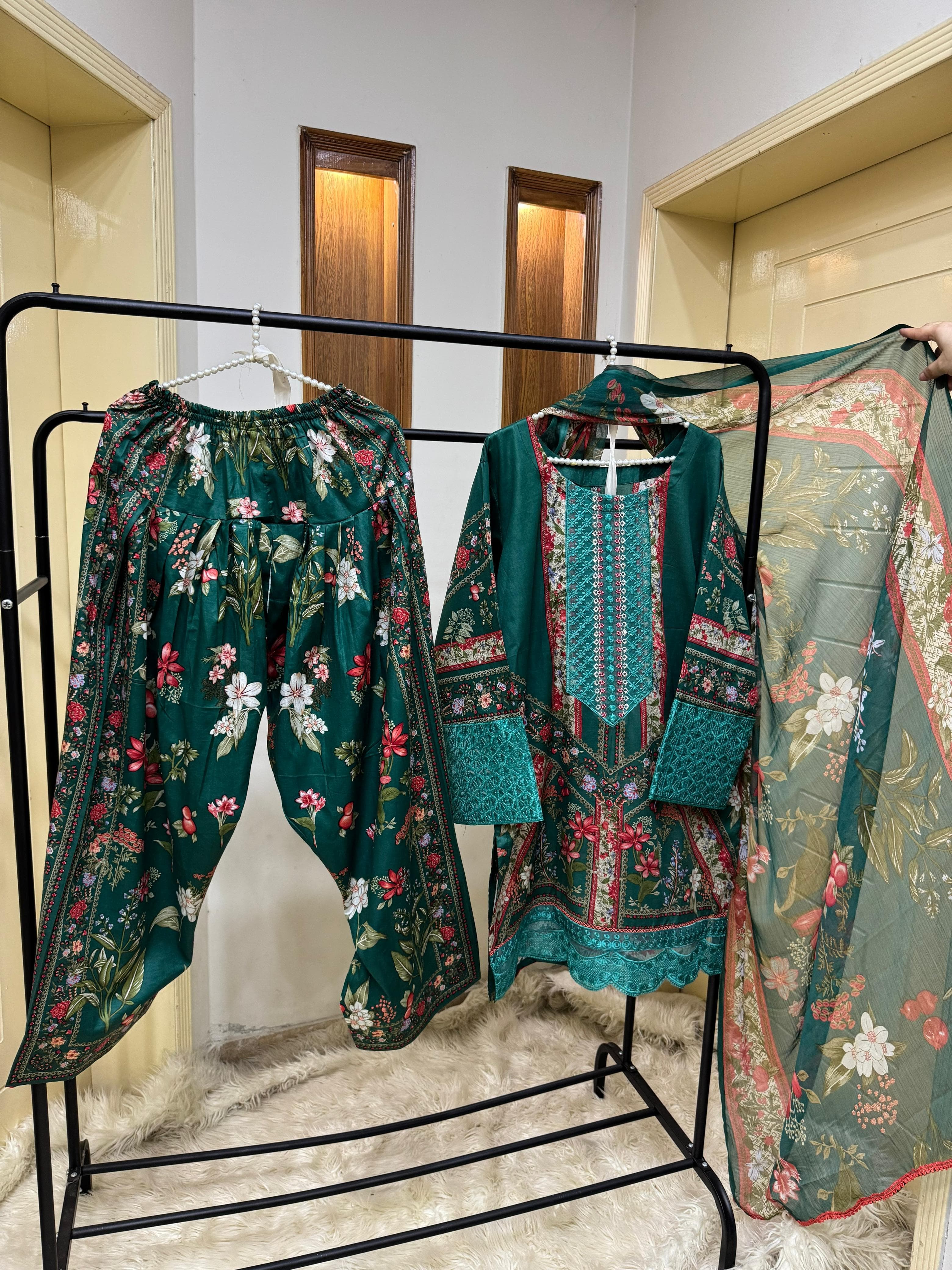 "New Lawn Pret Arrival – Sequins Embroidered Shirt with Farshi Shalwar & Chiffon Dupatta | Ready to Dispatch"