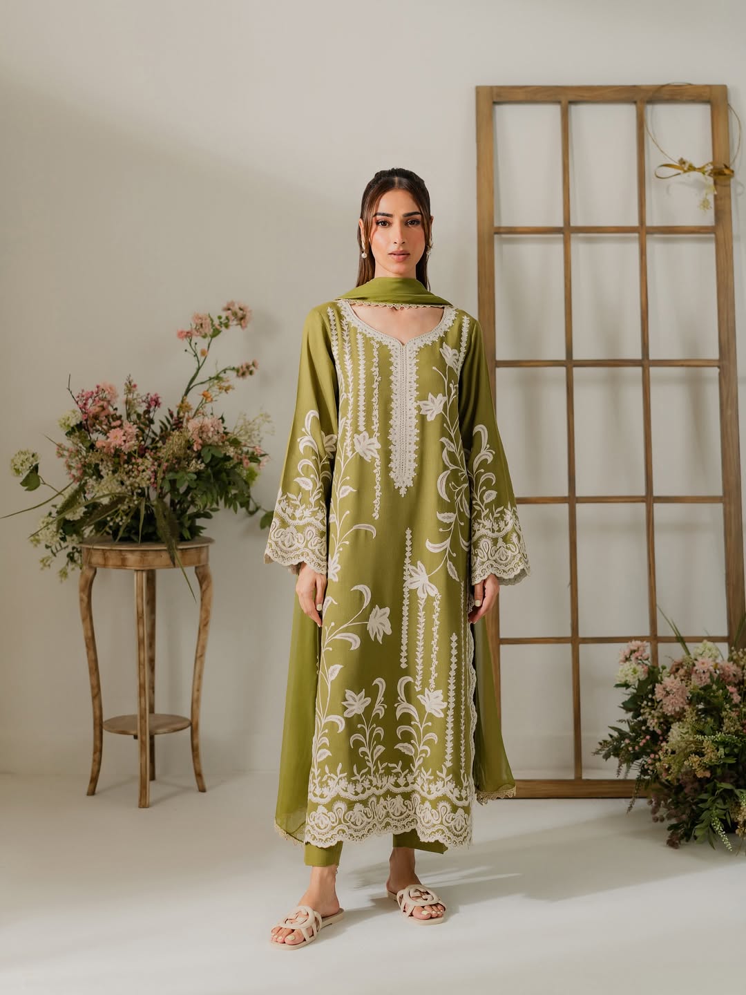 New Arrival Linen Pret | Heavy Embroidered Long Shirt with Linen Pant & Lace Chiffon Dupatta - Brilliant Boutique
