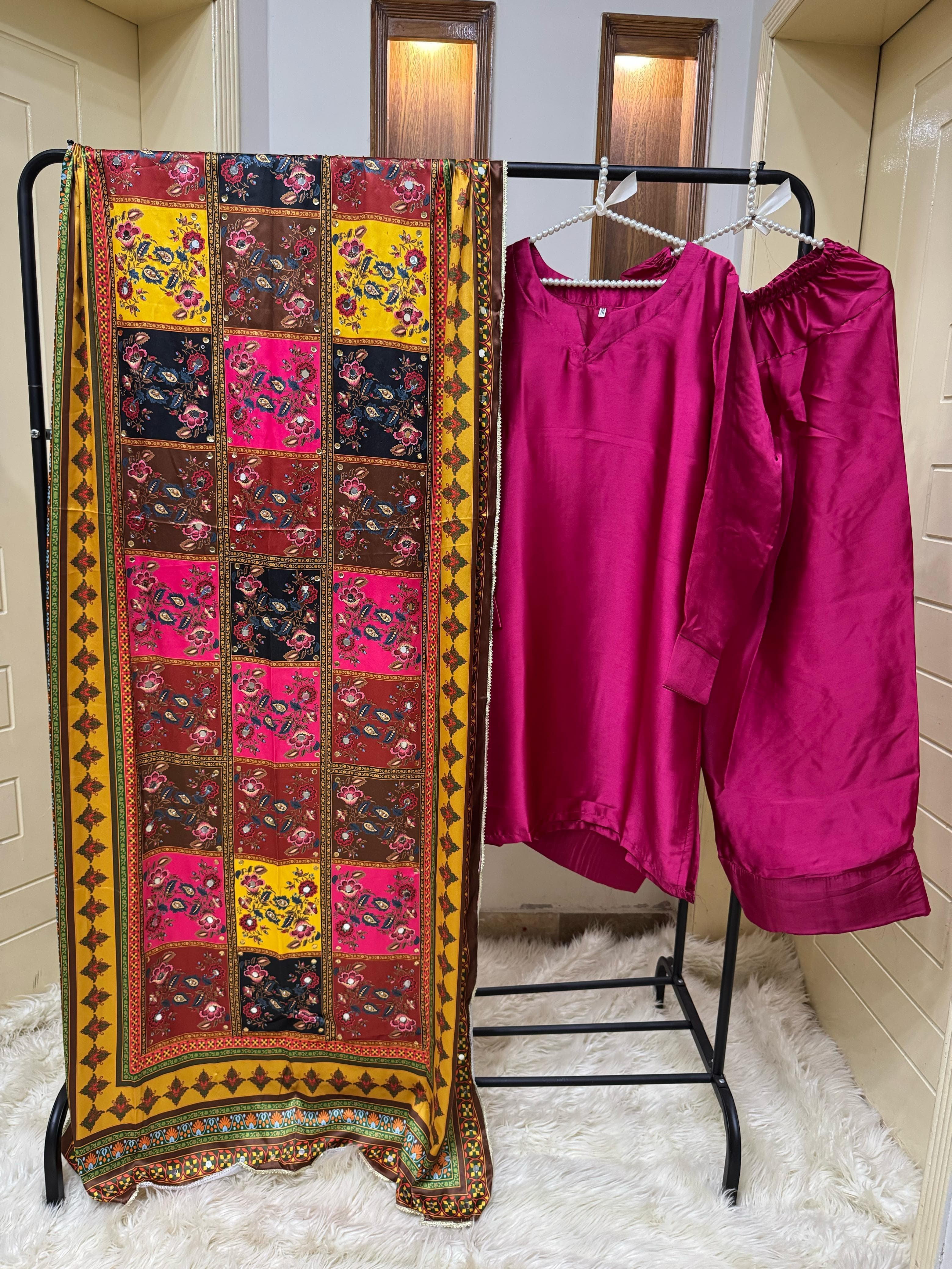 "Shamooz Silk 3-Piece Set – Shirt with Farshi Shalwar & Embellished Shawl"