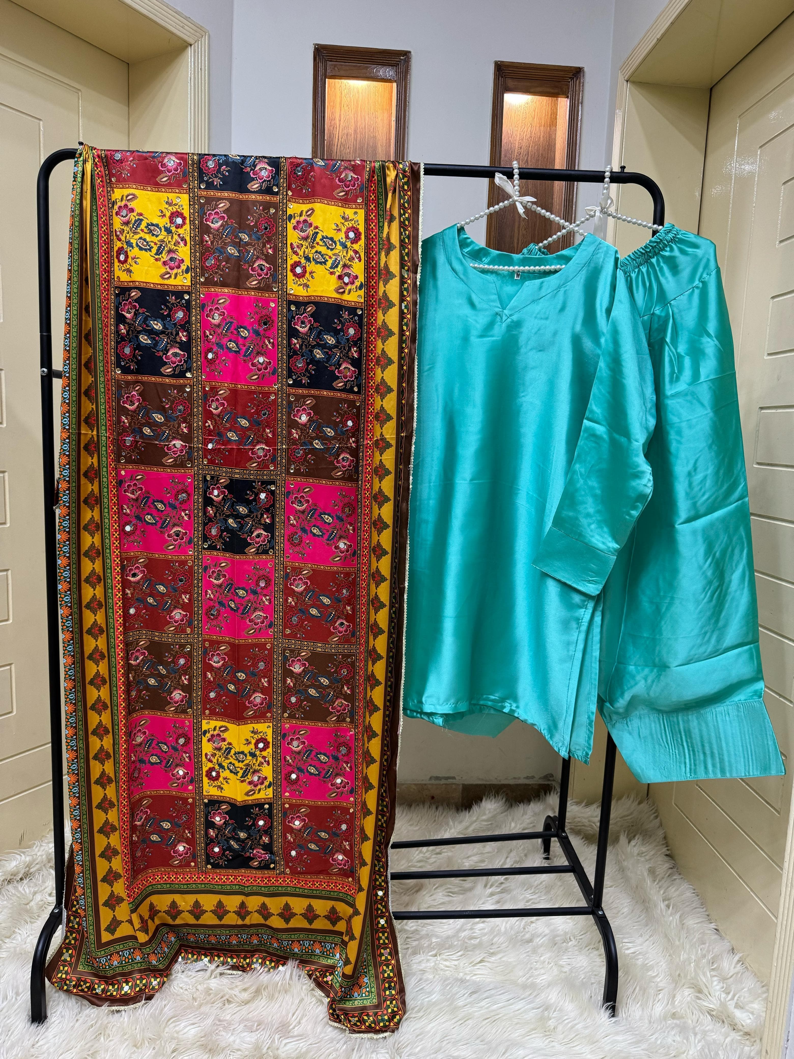 "Shamooz Silk 3-Piece Set – Shirt with Farshi Shalwar & Embellished Shawl"