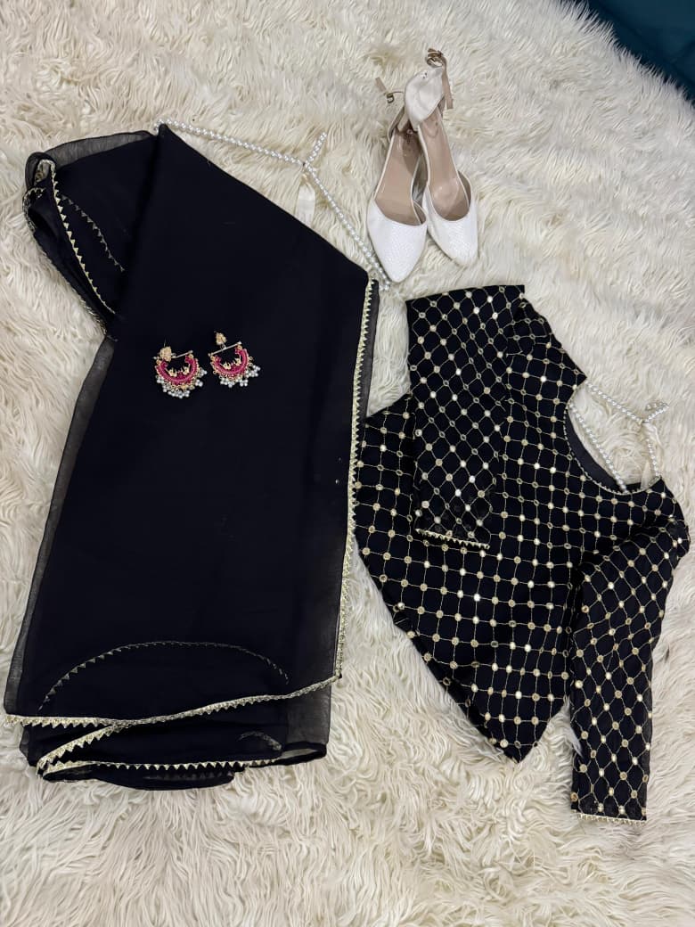 Chiffon Saree with Sequin Work Blouse & Lace Detailing – Party & Wedding Wear