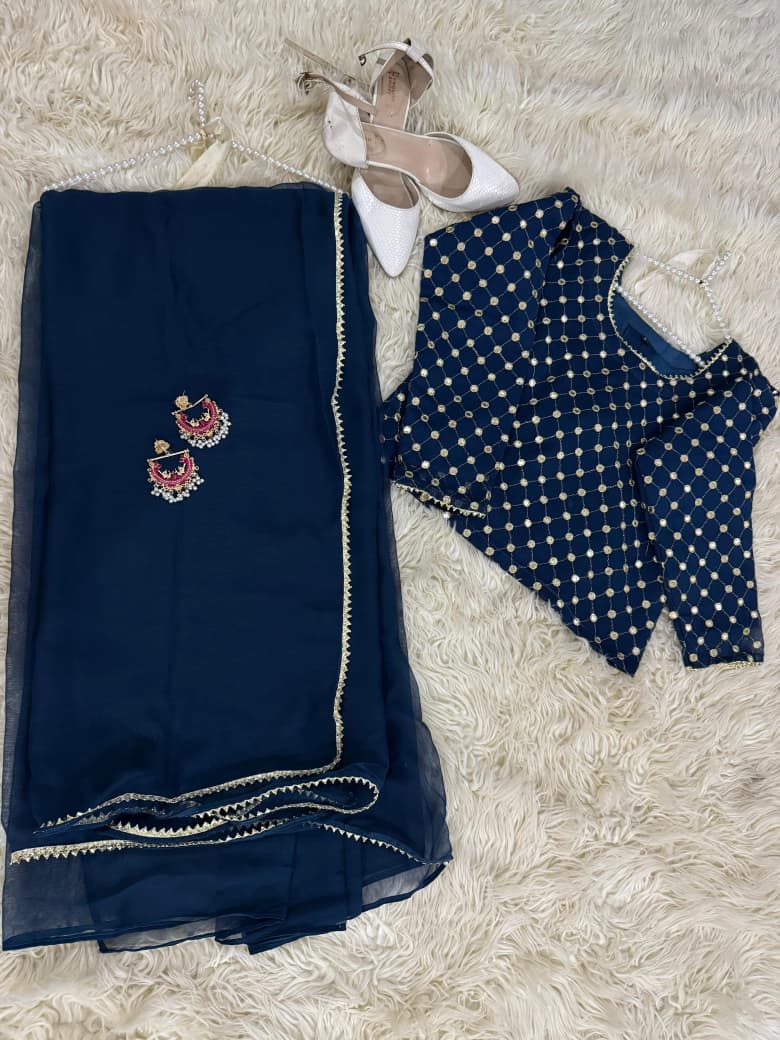 Chiffon Saree with Sequin Work Blouse & Lace Detailing – Party & Wedding Wear