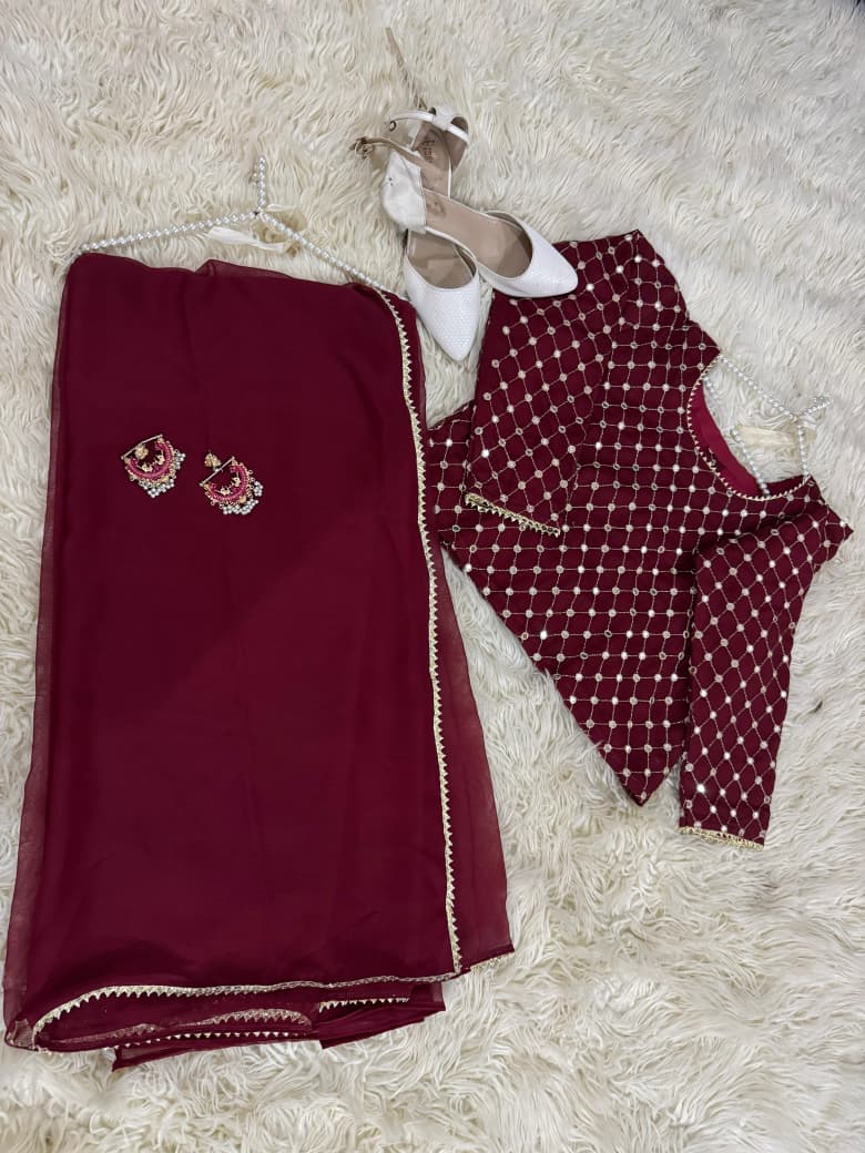 Chiffon Saree with Sequin Work Blouse & Lace Detailing – Party & Wedding Wear