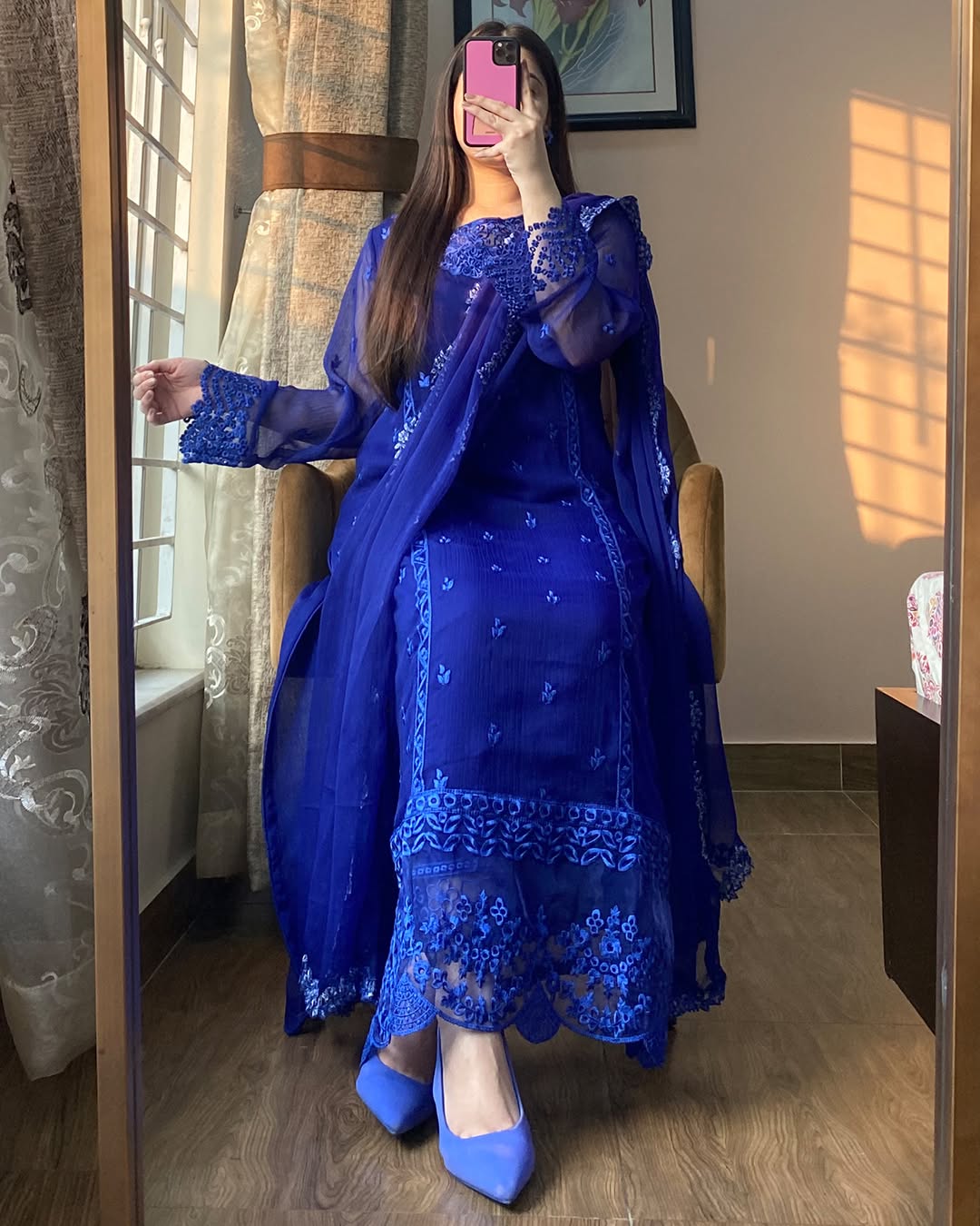 "Royal Elegance: Midnight Blue Embroidered Chiffon Ensemble"
