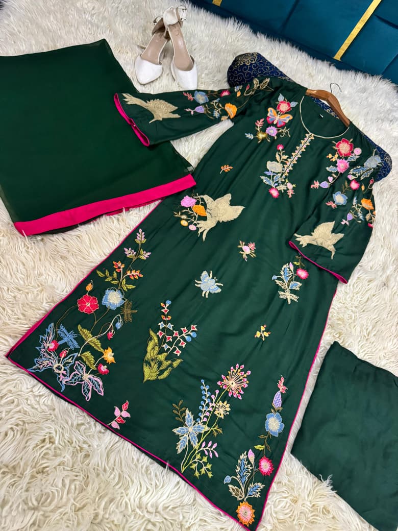 Premier Heavy Embroidered Long Length Linen Shirt with Linen Pant & Chiffon Dupatta – 3-Piece Ladies Suit