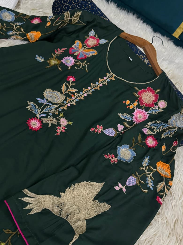 Premier Heavy Embroidered Long Length Linen Shirt with Linen Pant & Chiffon Dupatta – 3-Piece Ladies Suit
