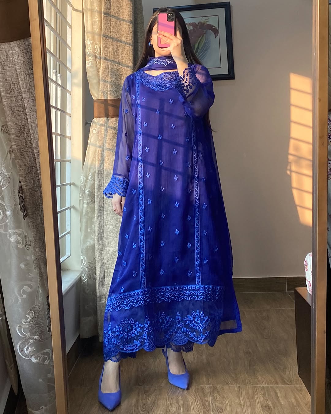 "Royal Elegance: Midnight Blue Embroidered Chiffon Ensemble"