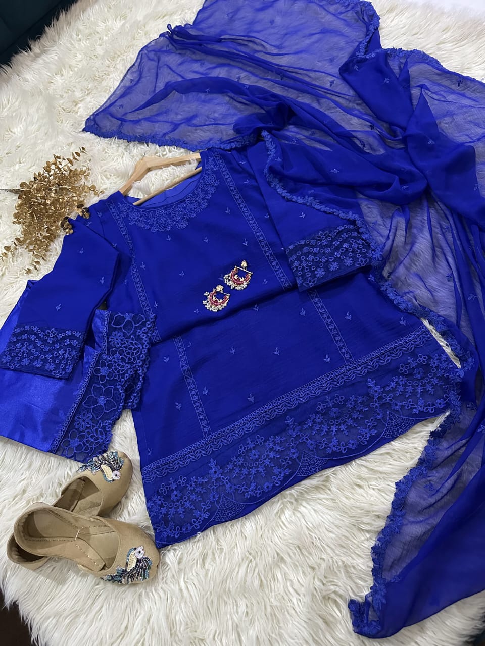 "Royal Elegance: Midnight Blue Embroidered Chiffon Ensemble"