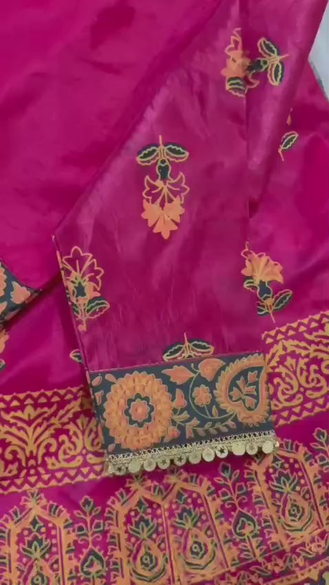 "Regal Radiance – Rawsilk Lehenga Choli Set with Tilla Embroidery & Block Print Detailing"