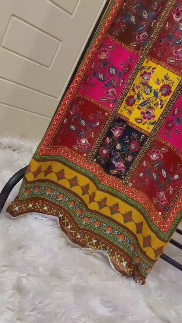 "Shamooz Silk 3-Piece Set – Shirt with Farshi Shalwar & Embellished Shawl"