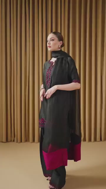 Pure Raw Silk Handmade Embroidered 3Pc Suit with Organza Dupatta – Farshi Shalwar | Ready to Wear