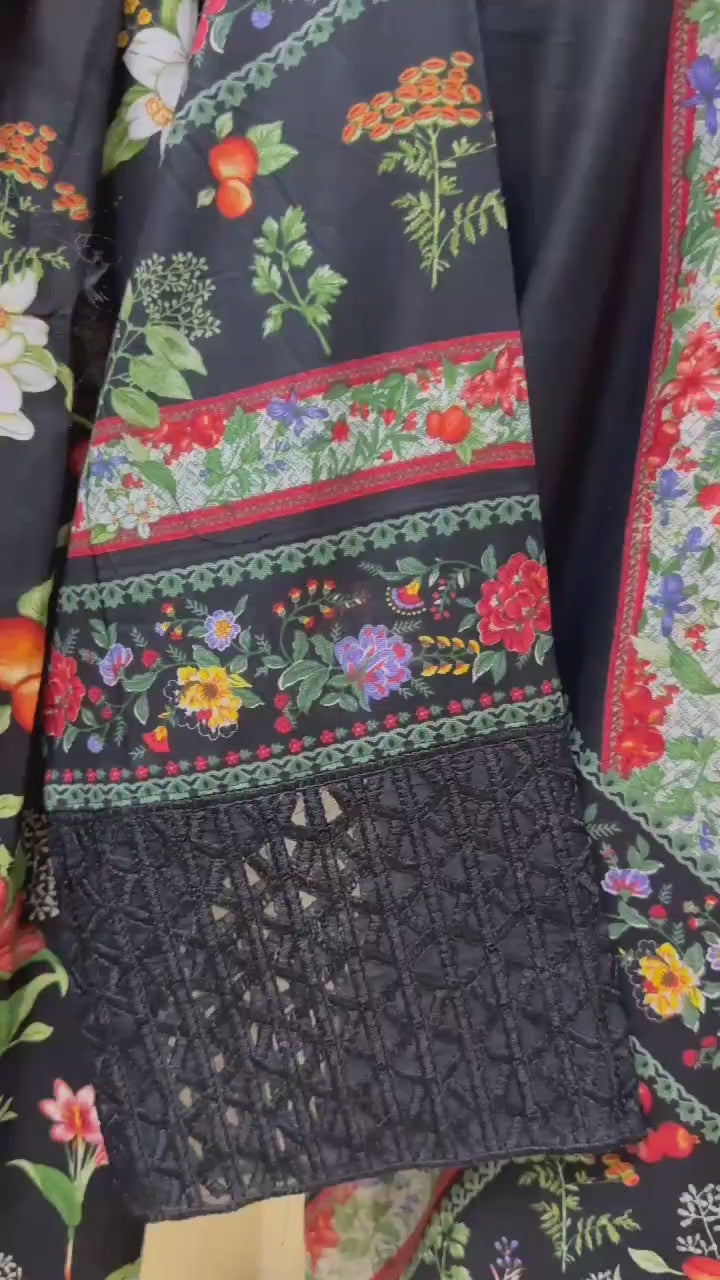 "New Lawn Pret Arrival – Sequins Embroidered Shirt with Farshi Shalwar & Chiffon Dupatta | Ready to Dispatch"