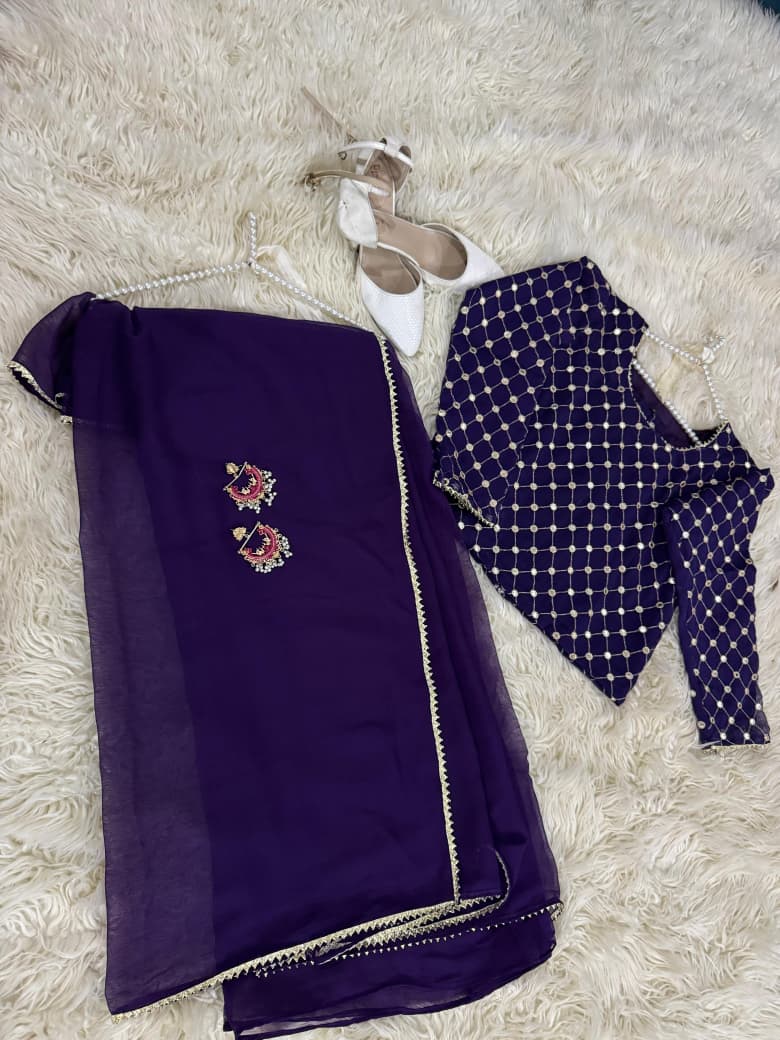 Chiffon Saree with Sequin Work Blouse & Lace Detailing – Party & Wedding Wear