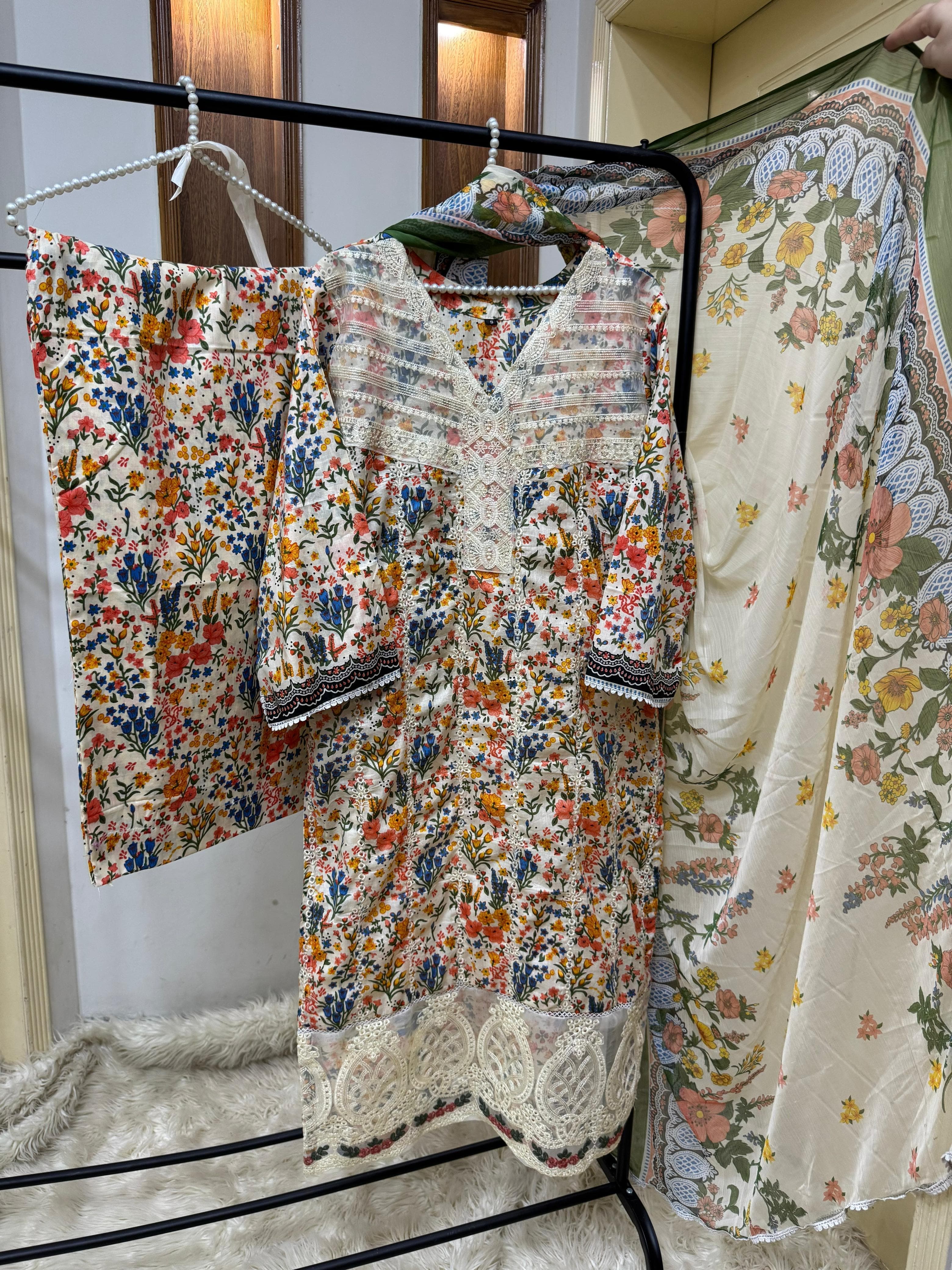 Ready to Wear 3-Piece Pure Lawn Pret Suit – Fully Embroidered | Digital Printed | Lace Chiffon Dupatta