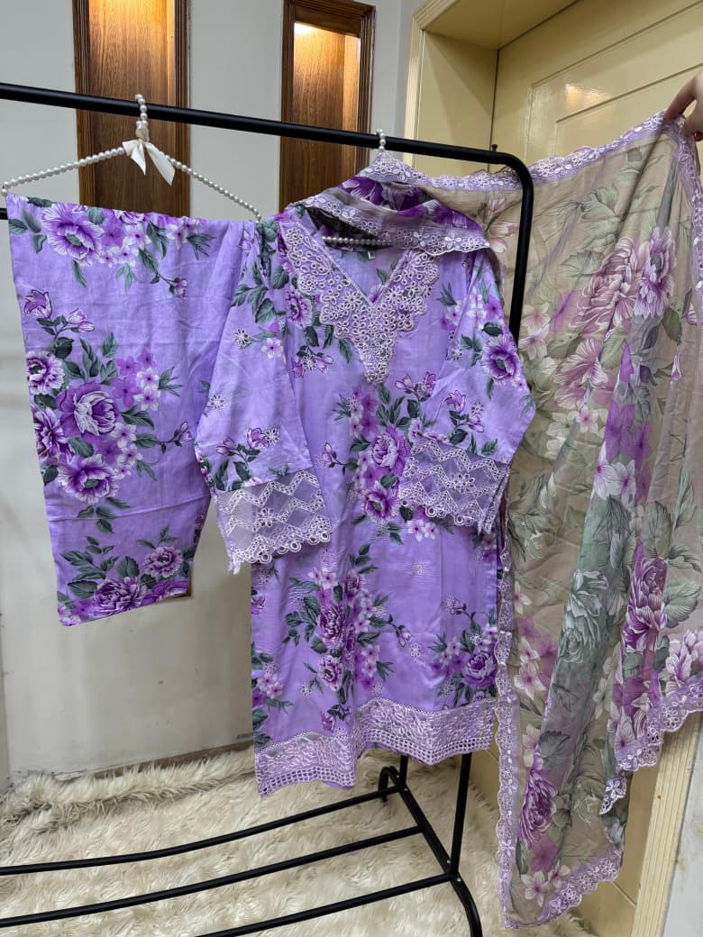 Orchid Bloom – Embroidered Lawn Ensemble with Sheer Chiffon Dupatta"